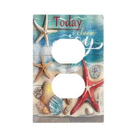 Beach Starfish Seashell on Wooden Board 1 Gang Outlet Plate Decorative Single Duplex Wall Plate Covers Electrical Receptacle Light Switch Cover Art Faceplate Switchplate for Country Bathroom Decor