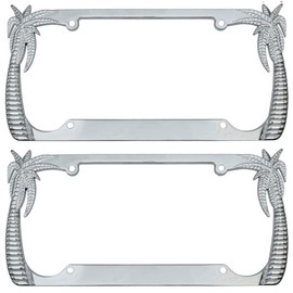 BDK Heavy Duty Rust-Proof Stainless Steel Metal Chrome Tropical Palm Tree License Plate Frame Universal Fit for Car Truck SUV (Pack of 2)