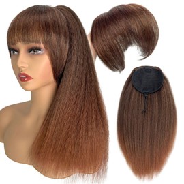 Long Yaki Straight Drawstring Ponytail with Bangs for Black Women 20 inch Mix Brown and Black Synthetic Thick Kinky Straight Ponytail with Bangs Clips in Ponytail Extension for Daily Party Use(T1B/30)