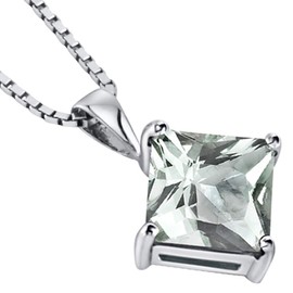 PEORA Green Amethyst Pendant in 14 Karat White Gold, Classic Solitaire, Princess Cut, 8mm, 2.25 Carats total, 100% Natural & Real, Sparkling Green Amethyst Necklace, w/Jewelry Box