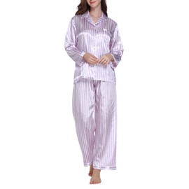 Lavenderi Women's Long Sleeve Premium Satin Pajama Set (Large, Light Purple Stripe)