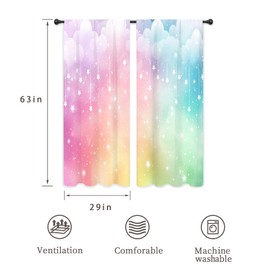 Riyidecor Colorful Rainbow Curtains Kids Girls Cute Cloudy Aesthetic Pastel Cartoon Starry Sky Stars Girly Rod Pocket Multicolor Princess Bedroom Living Room Treatment Fabric 2 Panels 29Wx63H Inch