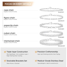 VNOX Silvering Silver Bracelet for Men, 5 Pcs Sturdy Sterling Silver Plating Rope/Figaro/Paperclip/Cuban Link Chain Bracelets Set Wrist Band for Men Women, 7.5 Inches