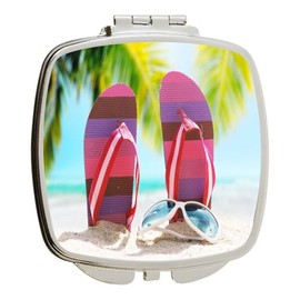 Island Gifting - Flip-Flops on Beach Pink - Square Compact Mirror - Travel Mirror