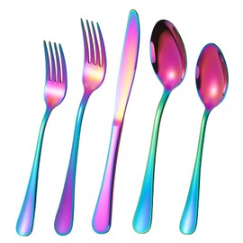 Rainbow Silverware Flatware Set for 8, 40 piece Stainless Steel Colorful Cutlery With Titanium Plated, Tableware Kitchen Eating Utensil Set Include Knife/Fork/Spoon, Mirror Polished, Dishwasher Safe