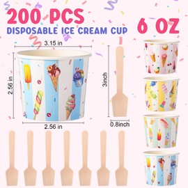 Ninehaoou 200 Sets Ice Cream Cups Bulk 6 oz Disposable Dessert Bowls for Dessert with Mini Wooden Spoons Paper Colorful Disposable Sundae Cups Containers Party Supplies for Ice Cream Party