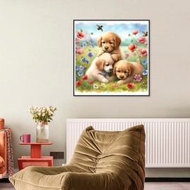 SJUTOUCI Puppy Diamond Painting Kits for Adults, Dog Diamond Art Kits for Beginner, 5D DIY Painting with Diamonds, Full Drill Round Gem Art Craft Home Decor 12x12 inch, Animal