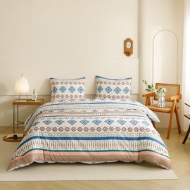 Houseri Colorful Boho Comforter Set Queen Blue Green Plaid Striped Orange Blush Diamonds Geometric Bedding Sets Queen Size Western Bohemian Bed Set Warm Soft Cozy Comfy Rustic Chic Quilt Blanket Queen