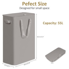 efluky Slim Laundry Basket with Lid, Narrow Laundry Hamper with Handles, Collapsible Dirty Clothes Hamper, Tall Laundry Bin for Laundry Room, Dorm and Bedroom, 55L Grey