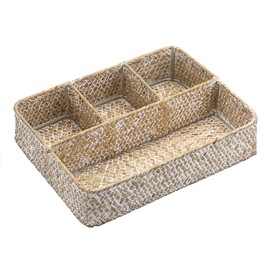 Hipiwe 4-Section Tea Bag Basket Organizer Coffee Pod Sugar Packet Holder Wicker Basket Bin Handwoven Seagrass Snacks Basket Serving Tray Divided Coffee Bar Bin for Shelf,Whitewash