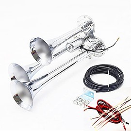 YIYDA Car Horn Air Horn Galvanized Chrome Three-tube Silver Loudspeaker with solenoid valve 165DB Train Air Horn Kit Loud truck Horn Alarm Horn is suitable for 12V car truck ship truck etc