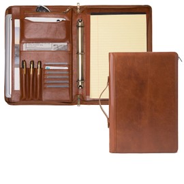 Geslun Genuine Leather 3 Ring Binder Portfolio, 8.5 x 14 Legal Size Pad Holder, Hidden Handle, Zippered Padfolio with 15” Laptop Organizer, Professional Business Folio for Men Women, Brown, Oil Tanned