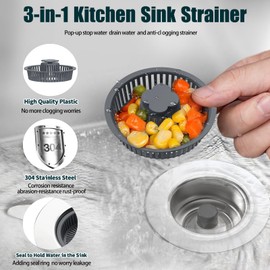 Upgraded 3 in 1 Kitchen Sink Drain Strainer - Stopper Set, Stainless Steel Kitchen Sink Stopper, Pop Up Anti-Clogging Sink Strainer Basket Filter for US Standard 3-1/2 Inch Kitchen Drain(1Pack)