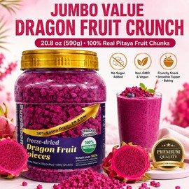 WildSap Emeralds Freeze Dried Dragon Fruit - 20.8 oz (590g) Jumbo Value Can, 100% Real Pitaya Fruit Chunks, No Sugar Added, Non-GMO & Vegan, Crunchy Healthy Snack for Kids, Smoothie Topper & Baking