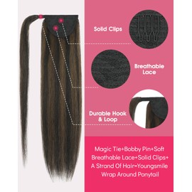 Youngsmile Piano Ponytail Extension Human Hair Color 1B Natural Black mixed 4 Medium Brown Ponytail Hair Extensions Hair Pieces, 14Inch 65 Gram Silk Straight (PT#1BP4-14Inch)