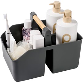 rejomiik Portable Shower Caddy Basket with Bamboo Handle, Plastic Cleaning Caddy Bathroom Organizer Tote for College Dorm Essentials, Bath Toy Storage, Dark Gray