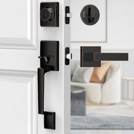 MAXECURITY Bronze Front Door Lock Set, Modern Exterior Door Handle with Lever, Reversible for Right & Left Handed