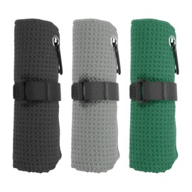 PATIKIL 20"x16" Microfiber Golf Towel, 3 Pack Tri-Fold Golf Towels Waffle Pattern Towels Absorption with D Clip, Hook and Loop Fastener, Black/Gray/Dark Green