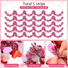 Catephe 5 Pack Valentine's Day Decorations Garland, 33 Ft Valentine's Day Hanging Garlands, Hanging Valentines Decorations, Red Pink White Heart Tinsel for Indoor Outdoor Wedding Decor