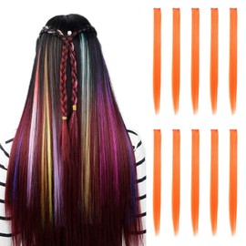 Drayas 10Pcs/set Colored Clip in Hair Extensions Colorful Straight Synthetic Hairpiece for women girls Multi-Colors 22 Inch Party Highlights Hair Extensions (Orange)