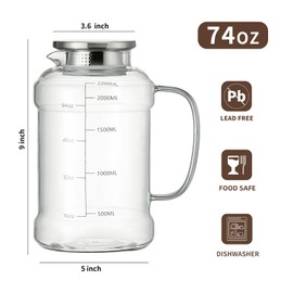 Buaic Glass Pitcher with Lid, 2 PACK 74 oz/2.2L Water Pitcher, Clear Borosilicate Glass Water Carafe for Cold Brew, Coffee, Lemonade, Iced SunTea,Beverage, Heat Resistant Water Glass Jug
