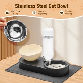 Marchul 2-in-1 Elevated Cat Bowl & Gravity Water Dispenser with No-Spill Mat, 15° Tilt Stainless Steel Dish + 500ml Leak-Proof Bottle, Easy Clean Design (Dry/Wet Food & Water)