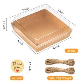 Kucoele 7 x 7 Inches Charcuterie Boxes with Clear Lids, 20 Pack Disposable Large Paper Charcuterie Boxes, To Go Food Containers for Charcuterie, Sandwiches, Cookies, Cake Slices, Strawberries (Brown)