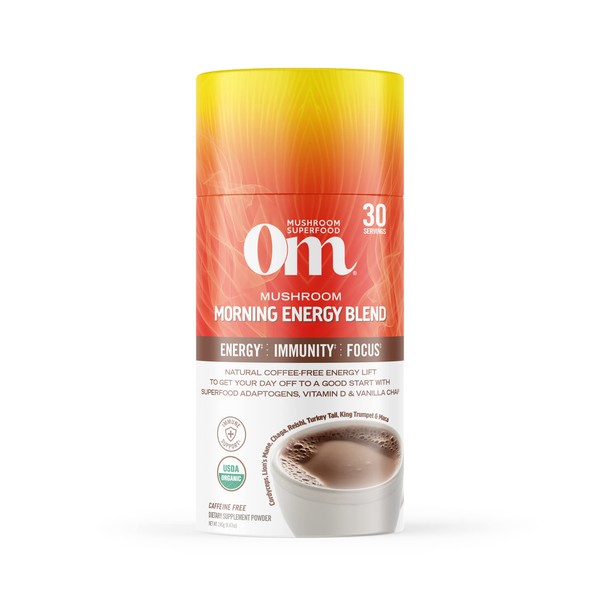Om Mushroom Superfood Morning Energy Blend Mushroom Powder Drink, 8.47 Ounce Canister, Coffee Free Energy Drink with Cordyceps, Vitamin D2, Agaricus Bisporus, Lion's Mane, Rhodiola, and Turkey Tail