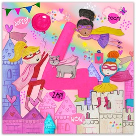 Twizler 4th Birthday Card for Girls - Superhero - Age 4 Year Old Childrens Happy Birthday Card for Kids