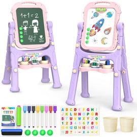 YOHOOLYO Kids Easel Standing Art Easel for Kids, Double Sided Children Pink Purple Easel Magnetic Chalkboard Whiteboard Dry Eraser Board Great Gift for Girls (Pink)