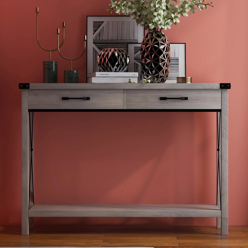 Modern Console Table with 2 Drawers, Long Narrow Sofa Table