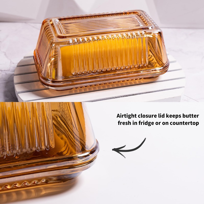 Champagne Color Glass Butter Dish with Lid for Kitchen Countertop,Covered