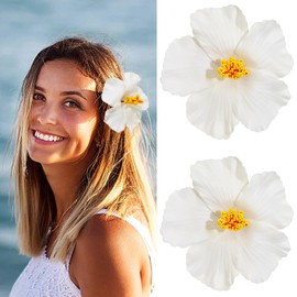2 PCS Hawaiian Flowers Hair Clips, Hibiscus Flowers Hair Clip Beach Party Bohemian Flower Hair Accessories for Women Girls Dancer Bride Wedding Beach Party (White)