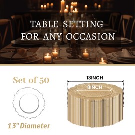 MAONAME 13" Gold Charger Plates, Round Reef Chargers for Dinner Plates, Plastic Plate Chargers Bulk for Table Setting, Wedding Decor, Set of 50