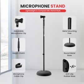 Pyle Universal Microphone Stand - Handheld Mic Compatible, Heavy Compact Base, Lightweight & Compact Design, 2.8 to 5 Ft Height Adjustable Clamp, Pivot Angle Clip, Home/Studio Use (Pair)