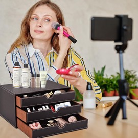 XNONE PU Leather Desk Organizer with 3 Drawers,Executive Office Supplies Desktop Filing A4 File Cabinet/Holder for Jewelry/Bill/Paper/Documents/Makeup Home Decor Stationery Storage Box,Brown