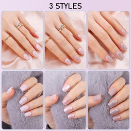 Chiffonade Press On Nails Short Kit,Includes 72Pcs Fake Nails With Glue,24 Sizes Glitter Nails Per Box,3 Box Stick on Nails Set with Nail Adhesive Tabs,Prep Pad,Nail Wood Stick,Mini Nail Files