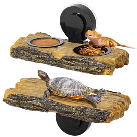 CAVACHEW 2 in 1 Reptile Feeding Ledge & Turtle Basking Platform, Resin Suction Cup Feeder with 4PCS Cups, Terrarium Water Bowl Food Dish - Tank Accessories for Crested Gecko Lizards & Aquatic Turtles