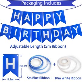 Happy Birthday Banner, Blue Birthday Decoration, 16 Pcs 12in Balloons with 2 Ribbons for Boys and Men Any Ages Party Decoration