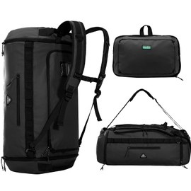 Haimont Foldable Duffel Bag Backpack with Shoe Compartment Water Resistant Large Travel Duffle Bag for Men Women to Hiking Camping Gym Sports, 50L, Black