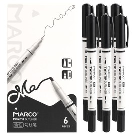 Marco Double Head Oil-Based Pen 6-Piece Set Ultra-Fine Sign Pen Black - Quick-Drying, Waterproof, Non-Transparent Paper, Non-Toxic Name Pen for Art Students, Children - Compatible with Fabric, Stone
