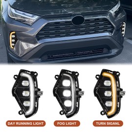OSNLEW LED Daytime Running Lights Fit for Toyota RAV4 2019-2025 Fog Lights Kit, Fog Lights Assembly Rav4 Replacements with DRL Amber Turn Signal Lamps, 3 Eyes RAV4 DRL Daylights with Bezel(1 Pair)