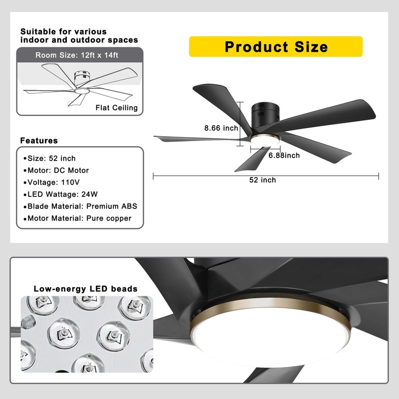 Ohniyou 52” Low Profile Ceiling Fan with Lights, Remote &