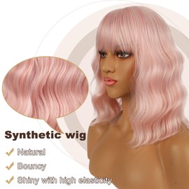 LANCAINI Short Bob Wigs with Bangs for Women Loose Wavy Wig Curly Wavy Shoulder Length Bob Synthetic Cosplay Wig for Girl Colorful Costume Wigs (Peach Fuzz)