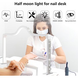 Argondetone Foldable Half Moon LED Nail Desk Lamp for Nail tech,3000-600K Adjustable Brightness,3 Color Temperature Led Nail DeskLight forNail/Tattoo/Lash Tech(White)