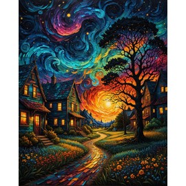 Starry Paint By Numbers Kit For Adults, Country Night Paint By Number Kits For Beginner Moon Acrylic On Canvas Diy Oil Painting Kit Adults' Paint-By-Number Kits For Gift Home Wall Decor 16x20 Inch