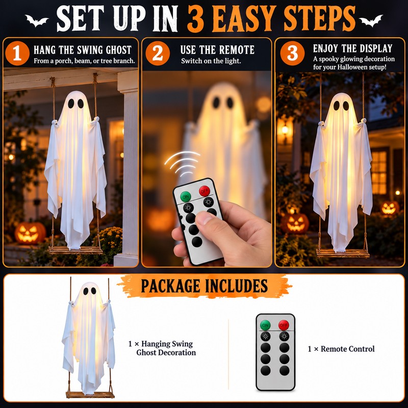 Hanging Ghost Decoration for Halloween – Light-Up Swing Ghost Ornament