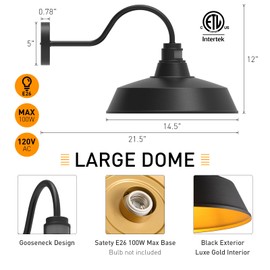 XIFEINIU 14.5" Dome Gooseneck Barn Light, Outdoor Anti-Rust&Waterproof Farmhouse Wall Sconce, Outdoor Wall Lanterns for Porch/Patio, E26 Base 100W Max(Black 1-Pack Motion Sensor Outdoor Lights)