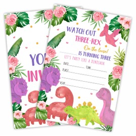 Three-Rex Birthday Invitation, Dinosaur Theme 3rd Birthday Party Invite Cards With Envelopes, Double-Sided Fill In Style Invites For Boys & Girls, Party Favor & Decorations (20Pcs) - A10