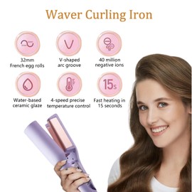 32mm (1.25") Wave Curling Iron, Hair Curling Iron with Anti-Scald Hair Crimper, Fast Heating Curling Wand for Women, 4 Temp Settings, Crimper Hair Iron for Wide Deep Waves (Purple)